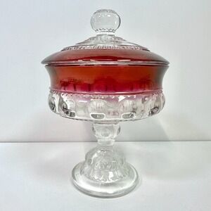 Tiffin Kings Crown Thumbprint Pedestal Compote Cranberry Lidded Vintage Dish